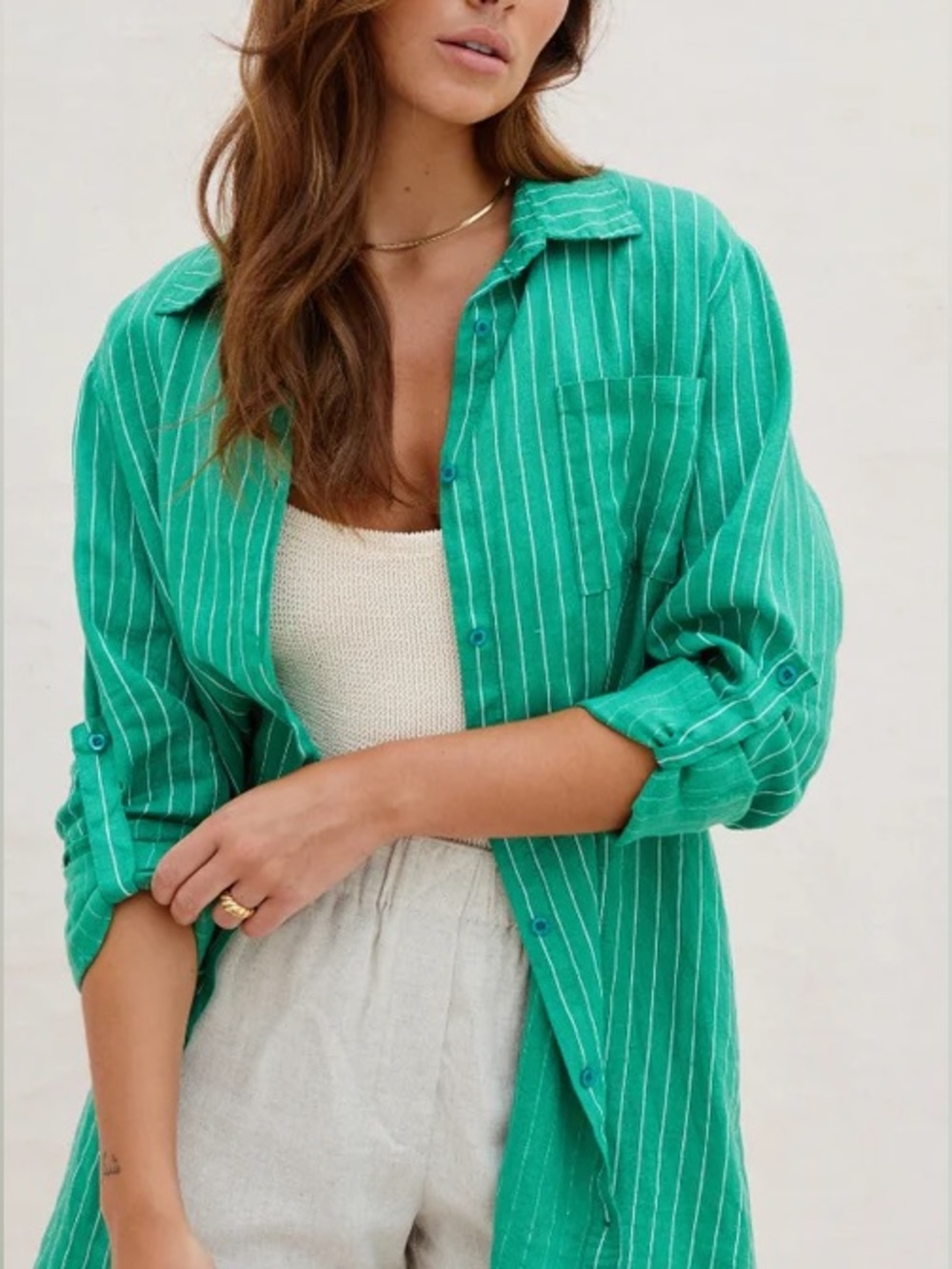 Charli Linen Provence Button Up Shirt in Green One Size Oversized